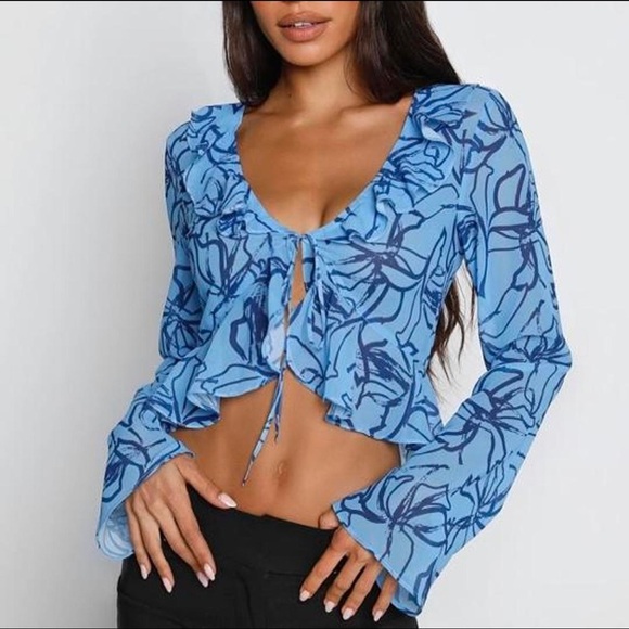 Tiger Mist Tarvey Sheer Tie Front Top Blue Floral Print Sz Small - Picture 1 of 7